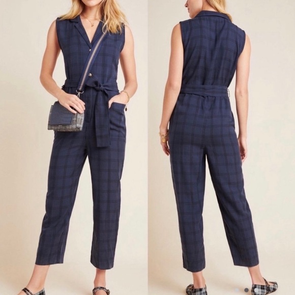 NWT Anthropologie Brielle Navy Blue Plaid Jumpsuit - Picture 2 of 10